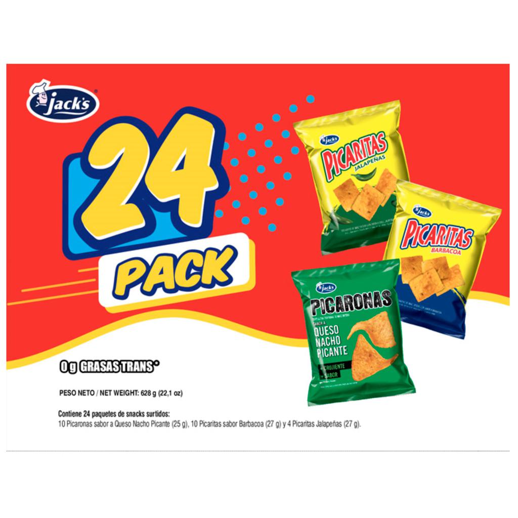Jack's Picaronas sabor a Queso Nacho Picante, Picaritas sabor Barbacoa y Picaritas Jalapeñas 24 Unidades